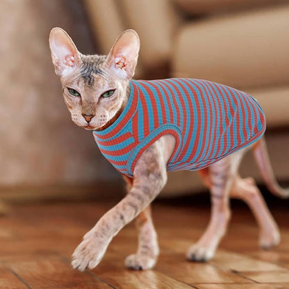 BRKURLEG Hairless Cats T Shirt, Cat Sweaters, Pullover Kitten Shirts, Sleeveless Round Collar Cotton Vest for Cornish Rex Devon Rex Peterbald and Small Dogs Sweater(OrangeBlue Stripes, L)