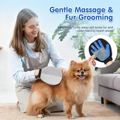 Pawaboo 2 Pack Pet Hair Removal Gloves, Dual-Side Electrostatic Hair Removal & Silicone Fur Brush for Dogs and Cats, Reusable Five-Finger Pet Fur Grooming Glove for Couch Carpet Clothes, Blue & Grey