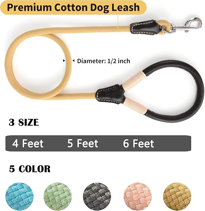 Mile High Life Genuine Leather Wrapped Handle Dog Leash, w Heavy Duty Clasp Rope Leash for Small Medium Large Dogs (Yellow, 5FT)