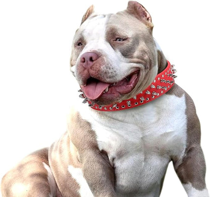 Hoot PU Leather Adjustable Spiked Studded Dog Collar 2" Wide 43 Spikes (L(Neck 21"-24"), Red)