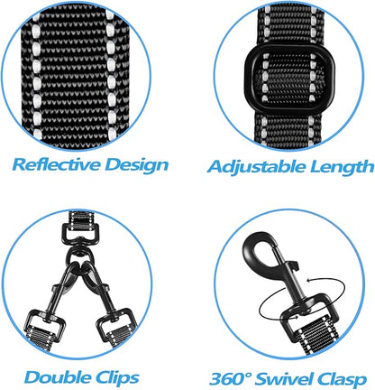 PetBonus Double Dog Leash, No Tangle Dual Leash, Reflective Walking Training Lead, 4 Comfortable Padded Handles for 2 Dogs with Collapsible Bowl and Waste Bags (Black, Large)