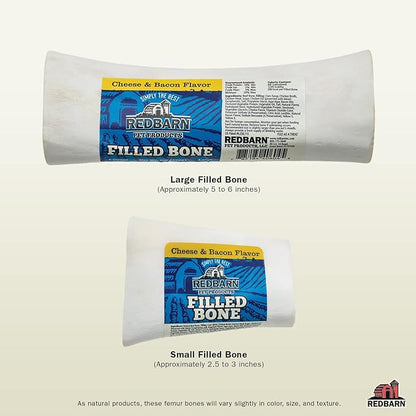 Redbarn Pet Products Large Filled Dog Bones, Cheese & Bacon Flavor - Long Lasting Stuffed Femur Chew Treat Made in USA - 4 Count - Packaging May Vary