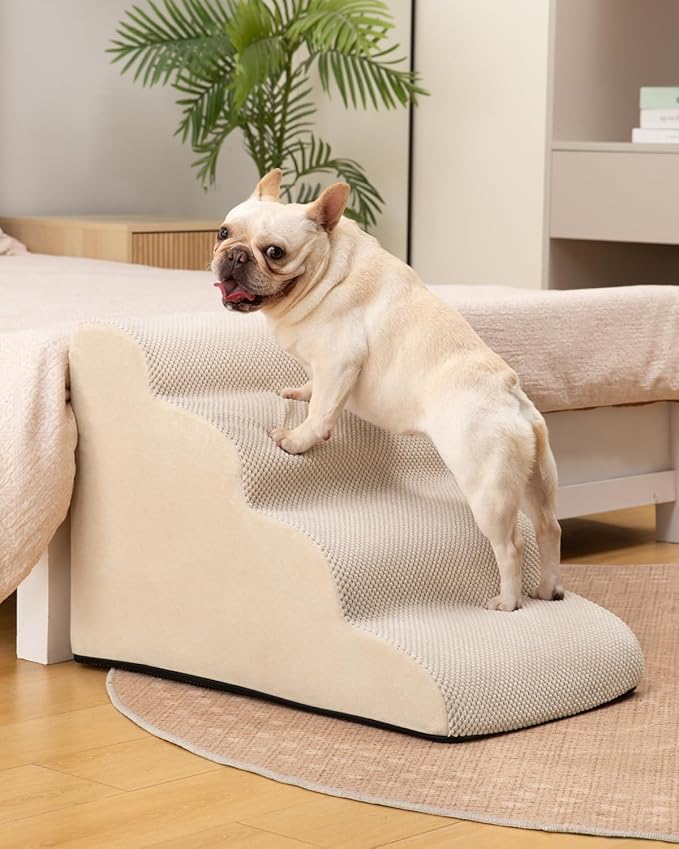 Aodisman Dog Stairs Ramp for Bed and Couch,4 Step Dog Steps for Small Dogs,Pet Stairs with Non-Slip Bottom for Old Cats,Indoor Pet Steps,Comfort,Durable,17.4" H,Beige