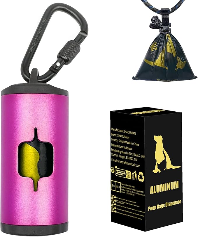 Metal Dog Poop Bag Holder w/Leash Clip|Durable Scratch-Resistant Aluminum|15 Bags+3 Accessories(Pink)