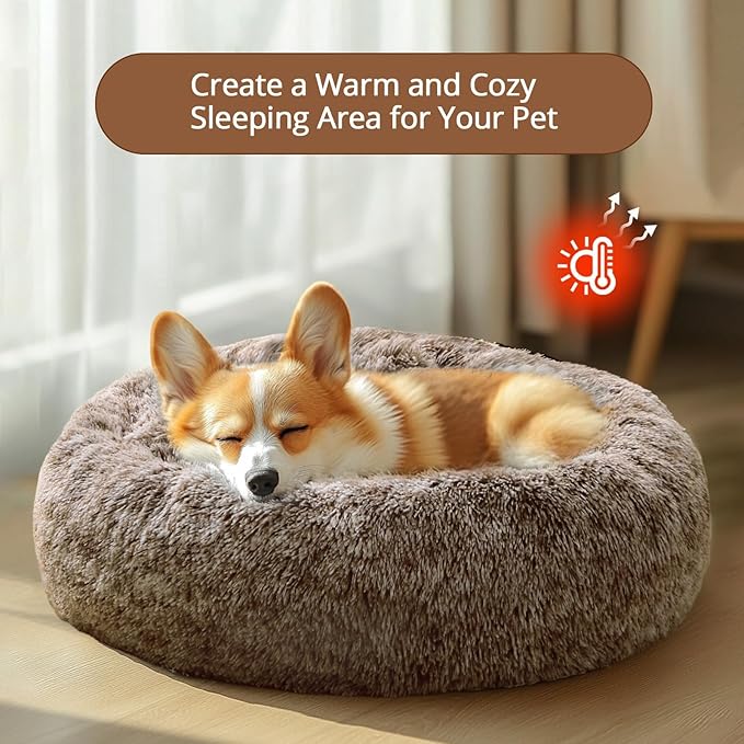 JOLLYVOGUE Calming Dog Bed Medium Size Dog, Anti-Anxiety Donut Medium Pet Bed, 31 inches Fluffy Faux Fur Round Cat Bed, Fits up to 45 lbs Pets (Smoke Brown)