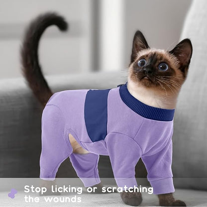 QBLEEV Cat Clothes, Soft Cat Sweaters for Cats Only, Kitten Surgery Recovery Suit Onesie Pajamas, Four Legs Cats Shirts Apparel Clothing for Hair Loss Prevention, Purple, M
