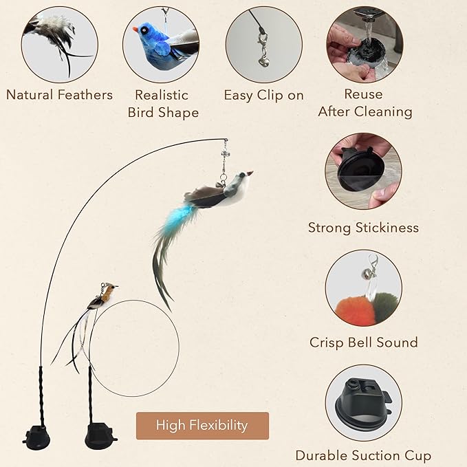 CUTIE PAW PAL Interactive Bird Simulation Cat Feather Toy Set - Suction Cup Cat Toys for Indoor Cats, Natural Feathers, Bells & Easy Clip-On, Perfect for Indoor Cats - 2 Free Pads, Suctions to Ground