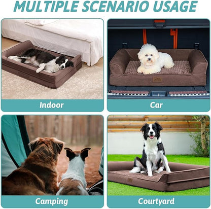 COZY KISS Orthopedic Dog Bed for Large Dog, XL Pet Sofa for Extra Large Dog, Big Supportive Foam Bolster U Shaped Couch with Waterproof Lining Cover, Anti-Slip, Washable, 42x30x7.5 inch, Brown