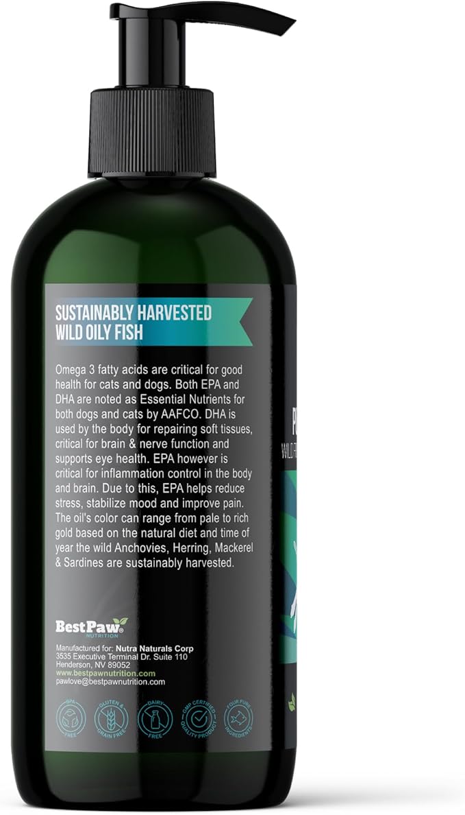 Best Paw Nutrition - Pure Omega Fish Oil for Dogs, Cats & Ferrets - Liquid Supplement for Joint Pain Relief - Soft Skin & Shiny Coat - Omega 3 Fish Oil Pets Love - 16oz