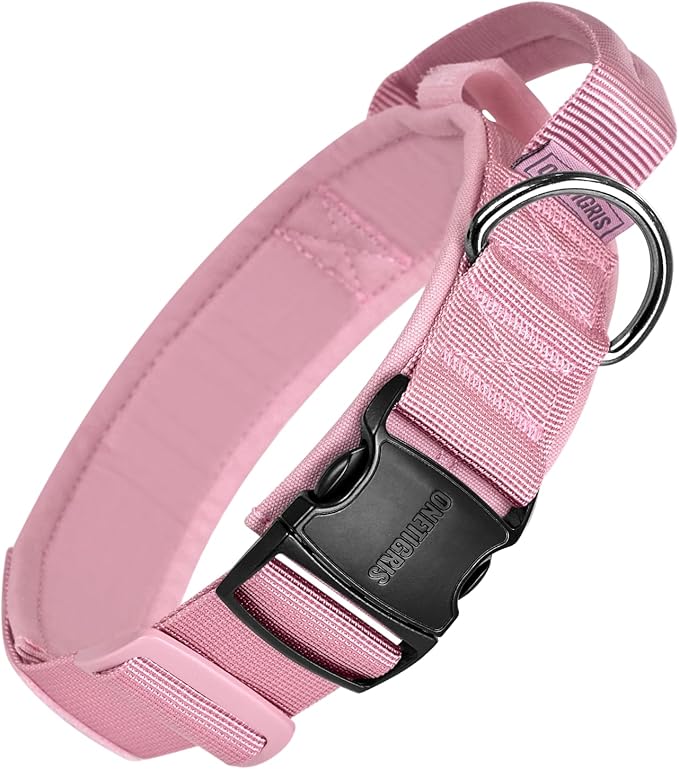 OneTigris Tough Dog Collars, Tactical Dog Collar with Handle, Milltary Adjustable Dog Collar with Heavy Duty Metal Buckle for Training (Large,Pink)
