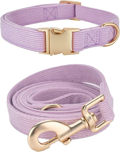 Soft Corduroy Dog Collar and Leash Set Adjustable Durable Dog Collars with Metal Buckle and Lead for Large Dogs,Lilac