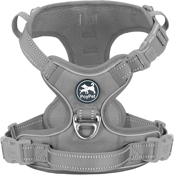 PoyPet No Pull Dog Harness, No Choke Reflective Dog Vest, Adjustable Pet Harnesses with 2 Leash Attachments with Easy Control Padded Handle for Small Medium Large Dogs(Gray,S)