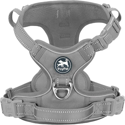 PoyPet No Pull Dog Harness, No Choke Reflective Dog Vest, Adjustable Pet Harnesses with 2 Leash Attachments with Easy Control Padded Handle for Small Medium Large Dogs(Gray,S)