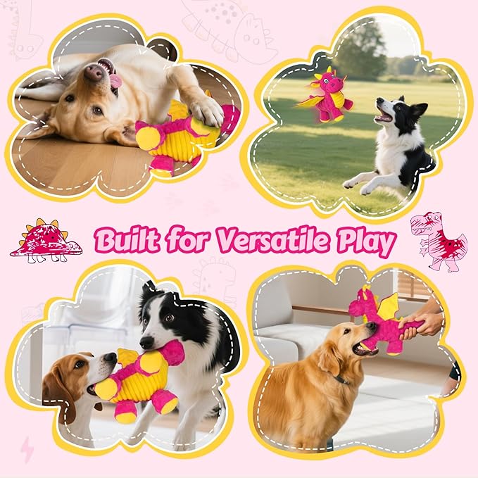BBeary Squeaky Dog Toys - Soft Plush Dragon Dog Toy with 5 Squeakers & Crinkle Paper, Dog Toys for Small, Medium and Large Dogs (Pink,10")