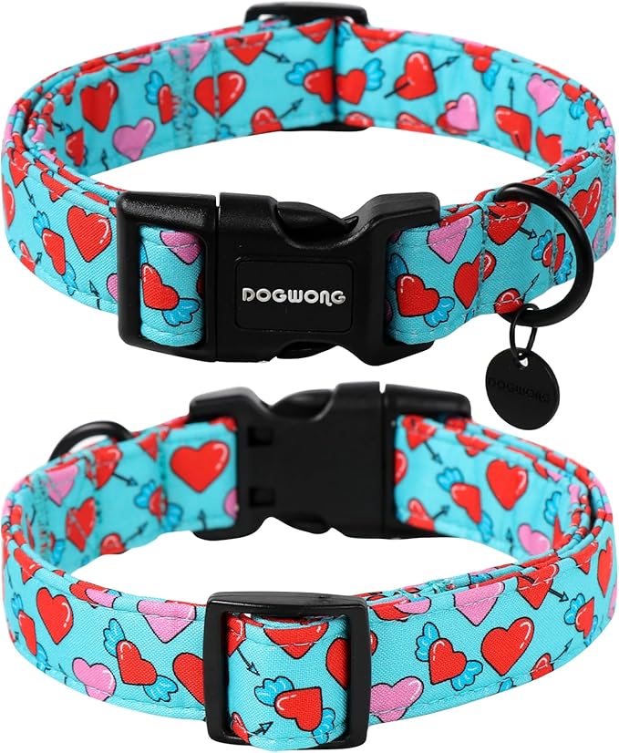 DOGWONG Blue Heart Dog Collar Adjustable Soft Natural Fabric Girl Pet Dog Collar Cute Heart Valentine Puppy Necklace for Small Medium Large Dog