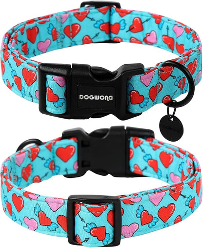 DOGWONG Blue Heart Dog Collar Adjustable Soft Natural Fabric Girl Pet Dog Collar Cute Heart Valentine Puppy Necklace for Small Medium Large Dog