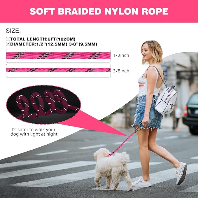 lynxking Slip Lead Dog Leash Reflective, Heavy Duty Comfortable Strong Rope for Large Medium Small Dogs No Pull Pet Training (Pink, 2PCS Large 1/2in x 6ft)
