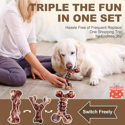 Dog Toys for Aggressive Chewers - 3 Pack Bacon Flavored Indestructible Dog Toy, Big Tough Chew Bone for Medium Large Breed 25-80lbs to Keep Them Busy, Happy Dog Gift (Brown)