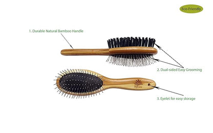 AtEase Accents Double Sided Dog Brush - for Long or Short Haired Dogs and Cats Natural Bamboo Eco Friendly Pet Grooming Dual Sided Pin and Bristles for Deshedding Hair