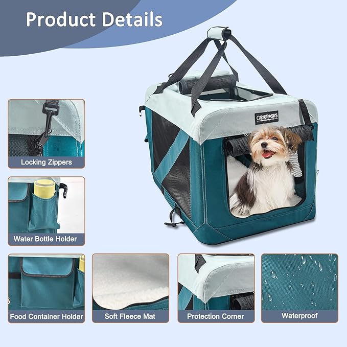 JESPET Soft Dog Crates Kennel for Pets, 3 Door Soft Sided Folding Travel Pet Carrier with Straps and Fleece Mat for Dogs, Cats (8-Teal Blue, Small(24" L x 16.5" W x 16.5" H))