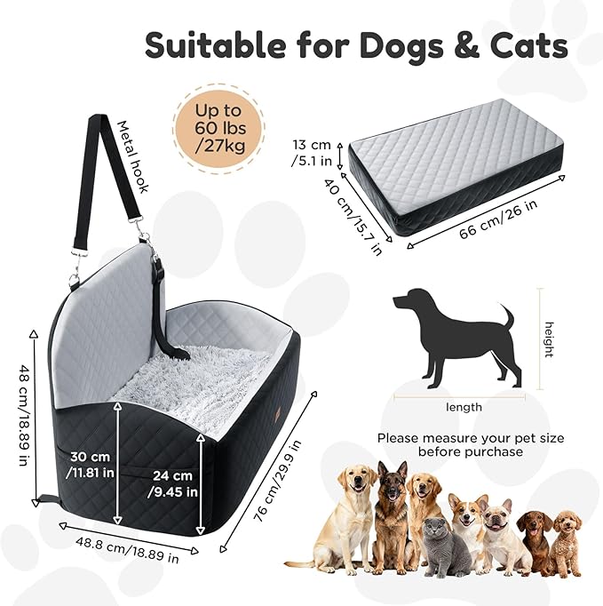 Gimars Reversible Dog Car Seat with Long & Short Plush Seat Cushion for Small/Medium Dogs Up to 60lbs, Detachable Washable Anti-Slip Dog Booster Seat with 5.1'' 28D Egg-Crate Foam, Safety Belt, L