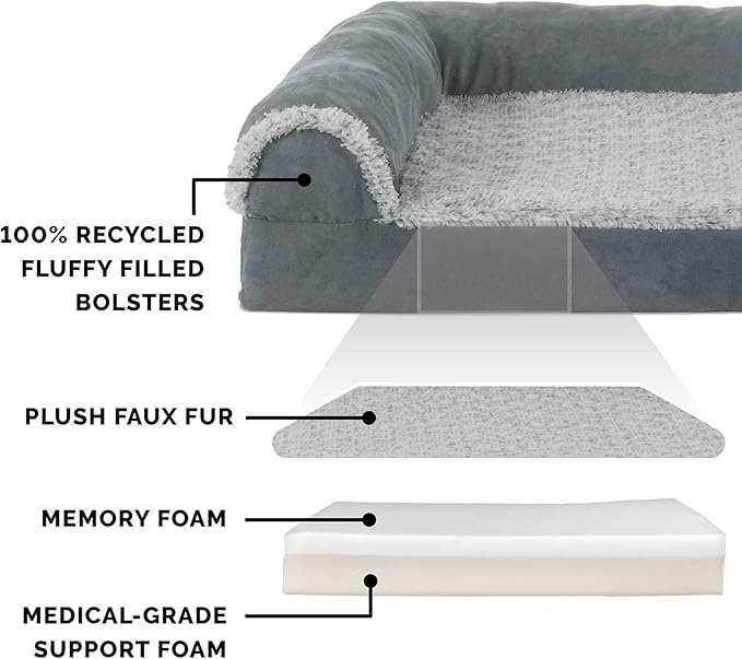 Furhaven Memory Foam Dog Bed for Medium/Small Dogs w/ Removable Bolsters & Washable Cover, For Dogs Up to 35 lbs - Two-Tone Plush Faux Fur & Suede L Shaped Chaise - Stone Gray, Medium