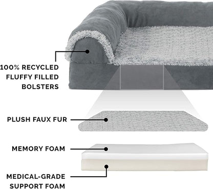 Furhaven Memory Foam Dog Bed for Large/Medium Dogs w/ Removable Bolsters & Washable Cover, For Dogs Up to 55 lbs - Two-Tone Plush Faux Fur & Suede L Shaped Chaise - Stone Gray, Large
