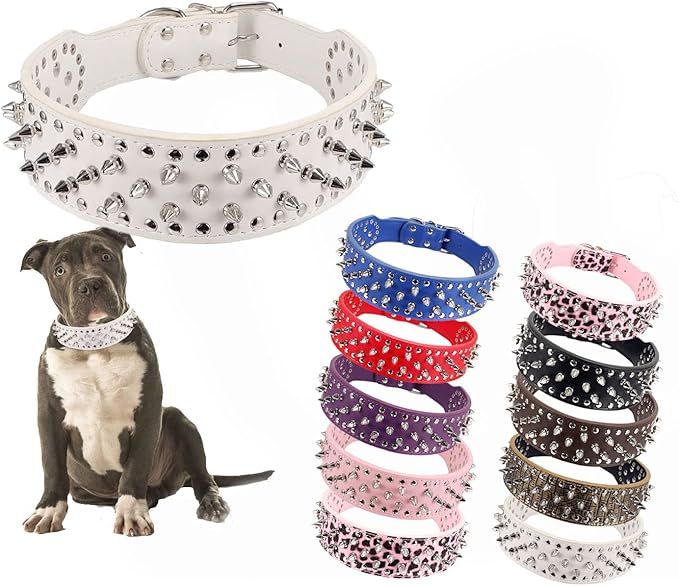 Hoot PU Leather Adjustable Spiked Studded Dog Collar 2" Wide 43 Spikes (L(Neck 21"-24"), White)