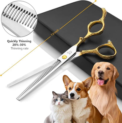 CITYWISH Dog Grooming Scissors,Chunkers Shears and Thinning Shears with Safety Round Tips, Sharp and Comfortable 4 in 1 Dog Scissors for Grooming