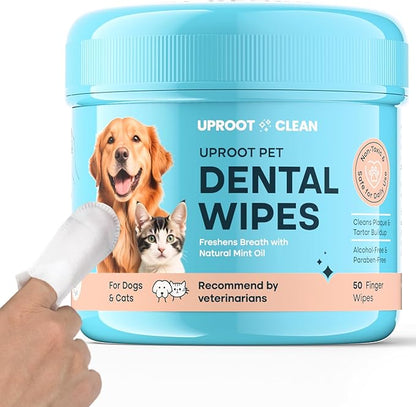 Uproot Clean Pet Dental Finger Wipes for Dogs & Cats (50ct.): Easy & Effective Cat and Dog Teeth Cleaning Wipes - Dog Dental Tissues for Plaque, Tartar, & Bad Breath - Safe, Rinse-Free, Disposable