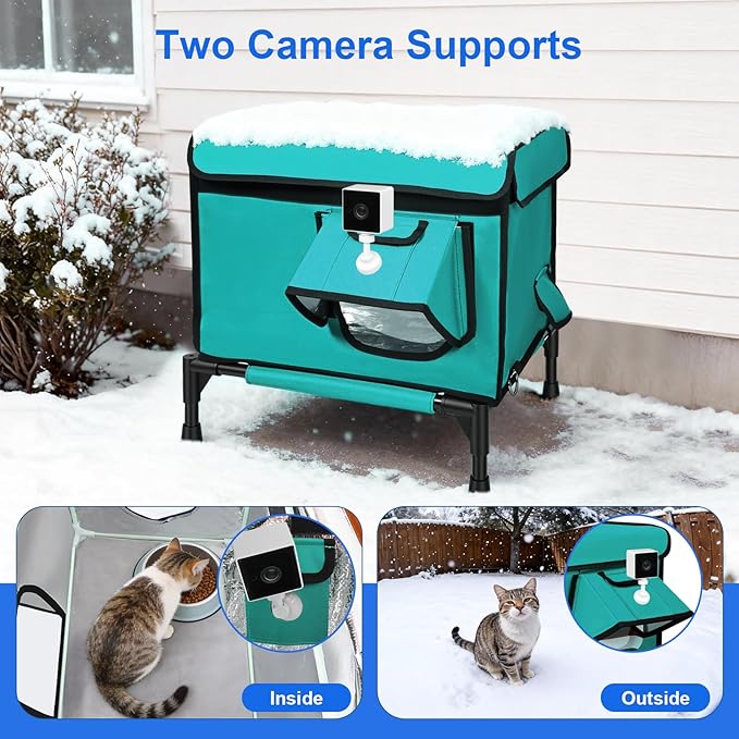 Heated Outdoor Cat House Weatherproof, Small/Large Insulated Cat House for Indoor, Winter Stray/Feral Cat Shelter (Green Cat Bed, Large-25.6"×16.5"×12")