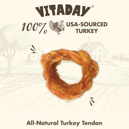 VITADAY Turkey Tendons for Dogs, All Natural, Healthy Dog Treats, Long Lasting, Hypoallergenic Dog Chews, Rawhide Free, USA-Sourced, for Small Dogs, Ring (S), 4 Count Pack