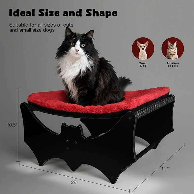 Gothic Cat Bed with Bat Design, Wooden Elevated Cat Beds with Sisal Scratching Mat, Cats Scratcher Bed with Removable Fluffy Cushion, Raised Pet Bed for Large Cats, 22" L x 17.7" W, Black