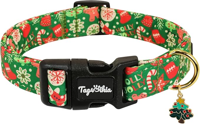 Christmas Dog Collar for Medium Dogs, Adjustable Green Small Dog Collars with Gingerbread Man Pattern, Cute Dog Christmas Collar for Dogs, Winter Holiday Dog Collar for Girl Boy Dog-M