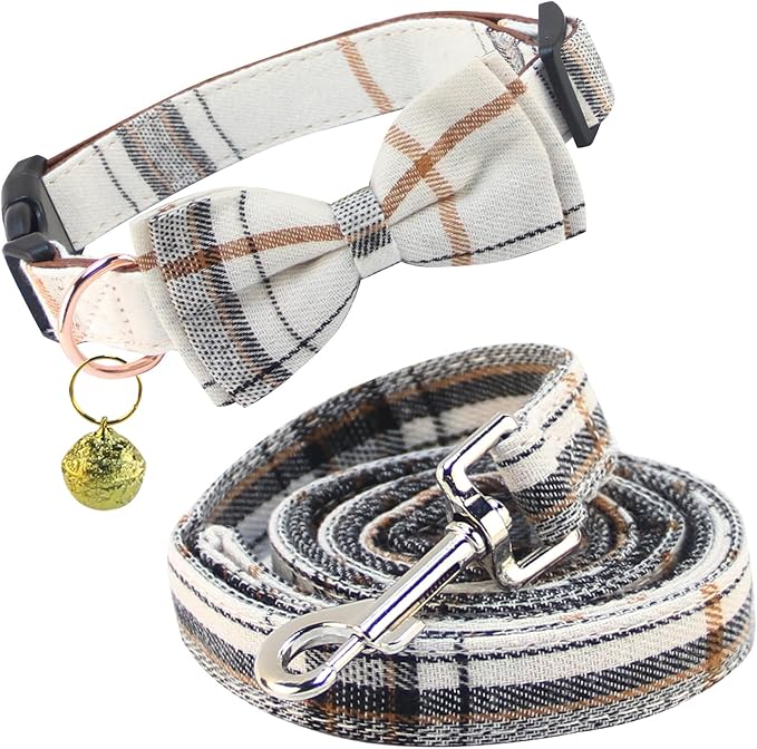 Yizepet Dog Collar and Leash Set-Plaid Puppy Collar with Bow Tie - Adjustable pet Collar for Dogs with Bell, Stylish Pattern for Small Medium or Large Boy and Girl Dog
