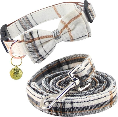 Yizepet Dog Collar and Leash Set-Plaid Puppy Collar with Bow Tie - Adjustable pet Collar for Dogs with Bell, Stylish Pattern for Small Medium or Large Boy and Girl Dog