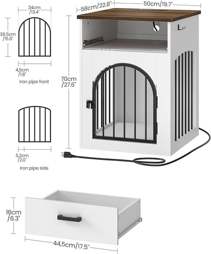 CHOEZON Dog Crate Furniture, Wooden Dog House with Charging Station and Storage Drawer, Indoor Pet Crate End Table for Small Breeds, Dog Kennel for Living Room, Bedroom, White and Walnut MGW01UWL