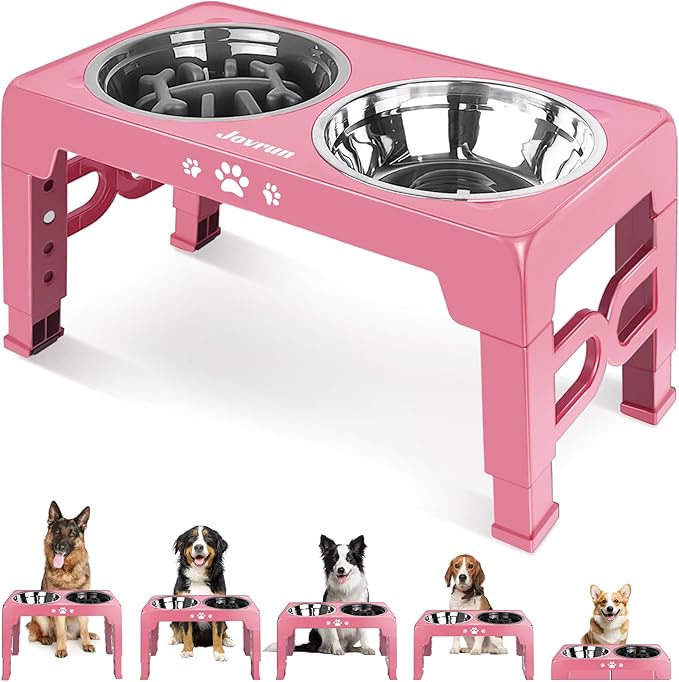 Elevated Dog Bowls, Dog Feeder with 1*Stainless Steel Dishes & 1*Slow Feeder Bowl, 5 Heights Adjustable Raised Stand for Medium Large, Food Dishes with Non-Slip Feet