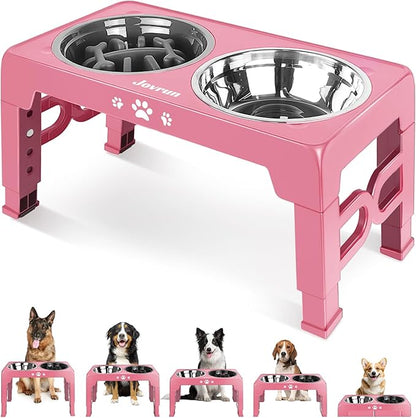 Elevated Dog Bowls, Dog Feeder with 1*Stainless Steel Dishes & 1*Slow Feeder Bowl, 5 Heights Adjustable Raised Stand for Medium Large, Food Dishes with Non-Slip Feet