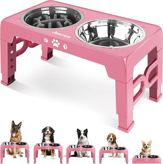 Elevated Dog Bowls, Dog Feeder with 1*Stainless Steel Dishes & 1*Slow Feeder Bowl, 5 Heights Adjustable Raised Stand for Medium Large, Food Dishes with Non-Slip Feet