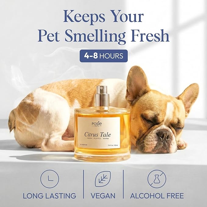 Posie Pets Dog Perfume Spray Long Lasting 4-8 Hours - Water-Based, Vegan Cologne - Luxury, Alcohol-Free Grooming Deodorizer for Dogs with Orange Blossom, Lavender, Vanilla - Citrus Tale, 100ml