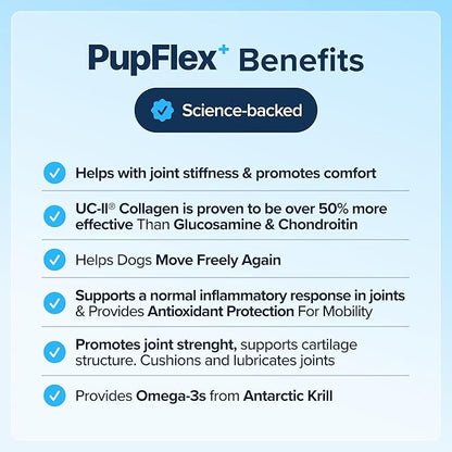 PupFlex+ Hip and Joint Supplement Dogs, Vet Created Soft Chews w/UC-II® Collagen, CurcuVET® & Omega 3 - UC-II Collagen More Effective Than Glucosamine Chondroitin, Dog Joint Supplement (60 ct)