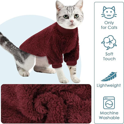 SUNFURA Sphynx Cat Sweater, Hairless Cats Turtleneck Pullover Kitten Sweaters for Cats Only, Warm and Soft Cat Pajamas Shirt with Sleeves Pet Winter Clothes Fleece Jumpsuit for Puppy, Burgundy L
