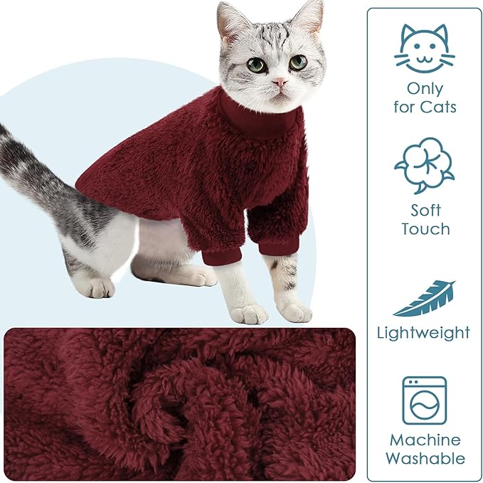 SUNFURA Sphynx Cat Sweater, Hairless Cats Turtleneck Pullover Kitten Sweaters for Cats Only, Warm and Soft Cat Pajamas Shirt with Sleeves Pet Winter Clothes Fleece Jumpsuit for Puppy, Burgundy M