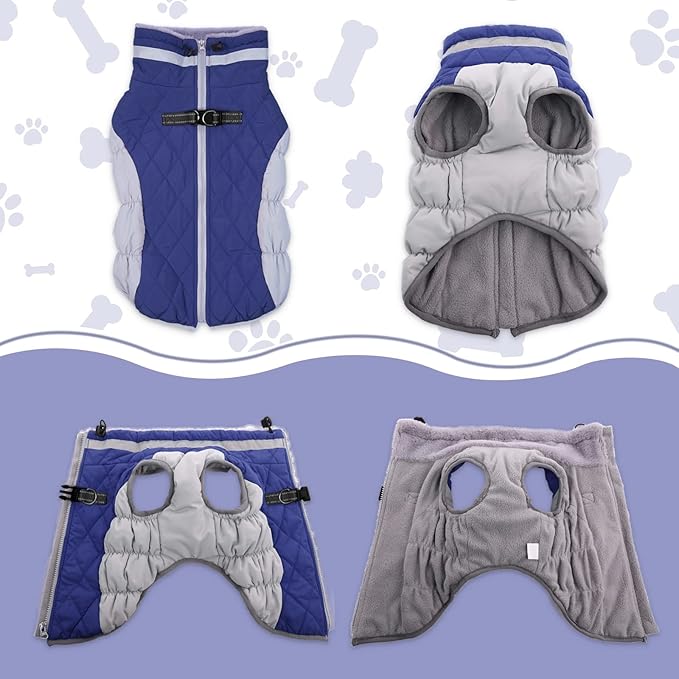 Lelepet Dog Coat Warm Dog Winter Coat Waterproof Dogs Jacket with Harness Built in Reflective Pet Fleece Vest Zip-Up Cold Weather Coats for Large Dogs Turtleneck & Windproof Coats Boston Terrier Blue