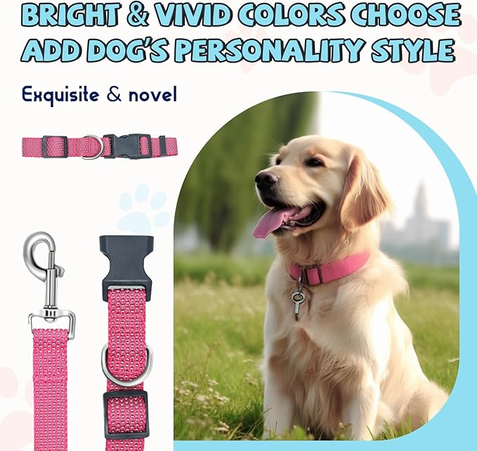 Reflective Dog Collar and Leash Set, Nylon Dog Leash with Heavy-Duty Steel D-Ring, Adjustable with Quick Release Buckle for Medium Dogs, Pink M