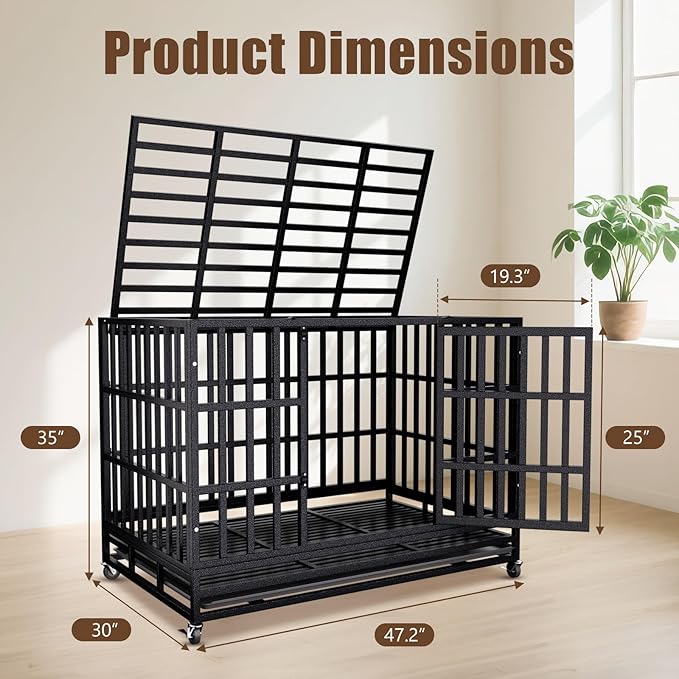SHUSHIM 38 Inch Heavy Duty Dog Crate Kennel with Wheels, High Anxiety Indestructible Dog Crates for Large Dogs, XL XXL Extra Large Dog Crate with Removable Plastic Tray, Two Locks (Black, Square)