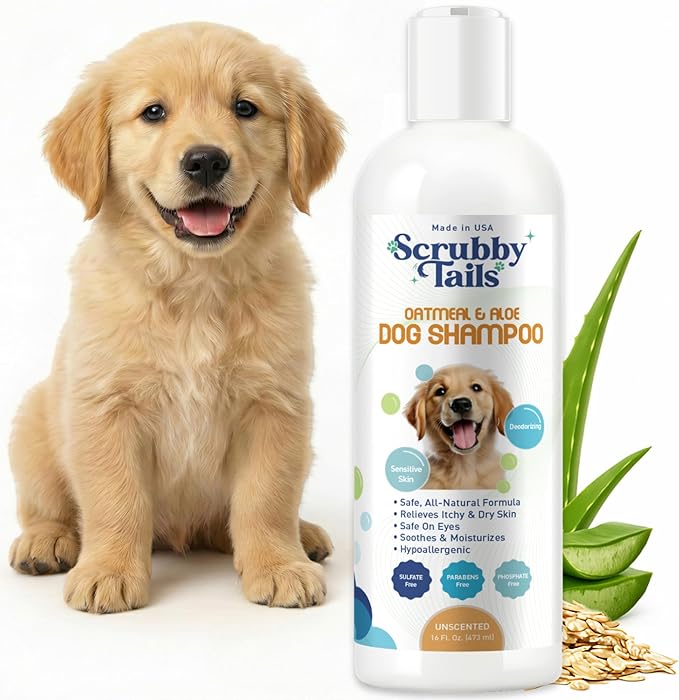 Scrubby Tails Organic Dog Shampoo - Puppy Oatmeal Shampoo for Itchy Skin Relief - Hypoallergenic for Sensitive Skin,for Dogs of All Ages,Deodorizes Smelly Dogs,Tearless,Made in USA, 16oz (Unscented)
