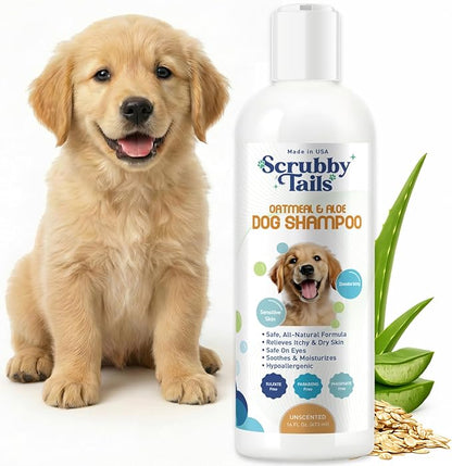 Scrubby Tails Organic Dog Shampoo - Puppy Oatmeal Shampoo for Itchy Skin Relief - Hypoallergenic for Sensitive Skin,for Dogs of All Ages,Deodorizes Smelly Dogs,Tearless,Made in USA, 16oz (Unscented)