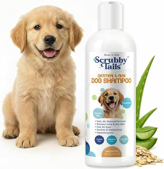 Scrubby Tails Organic Dog Shampoo - Puppy Oatmeal Shampoo for Itchy Skin Relief - Hypoallergenic for Sensitive Skin,for Dogs of All Ages,Deodorizes Smelly Dogs,Tearless,Made in USA, 16oz (Unscented)